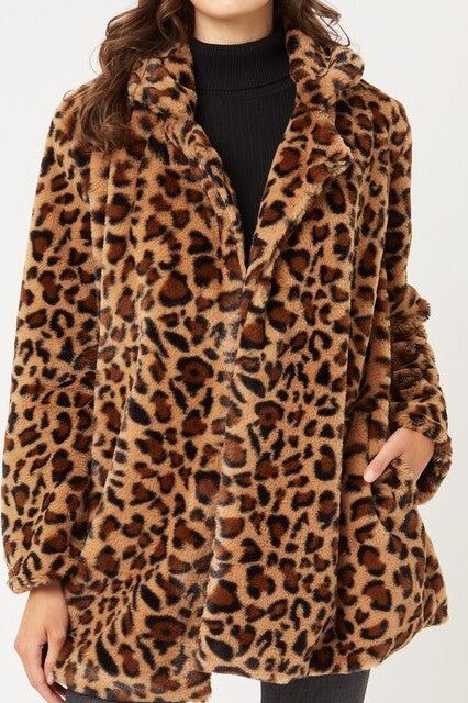 Leopard Print Notch Collar Faux Fur Teddy Coat - FashionJOA