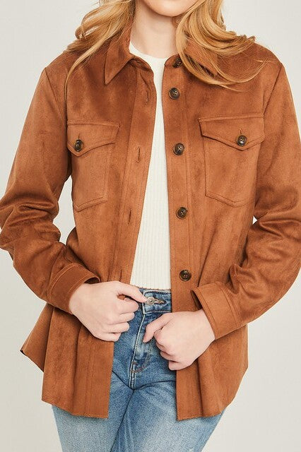 Suede Solid Button Down Shacket - FashionJOA