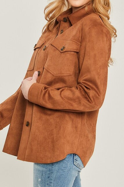 Suede Solid Button Down Shacket - FashionJOA