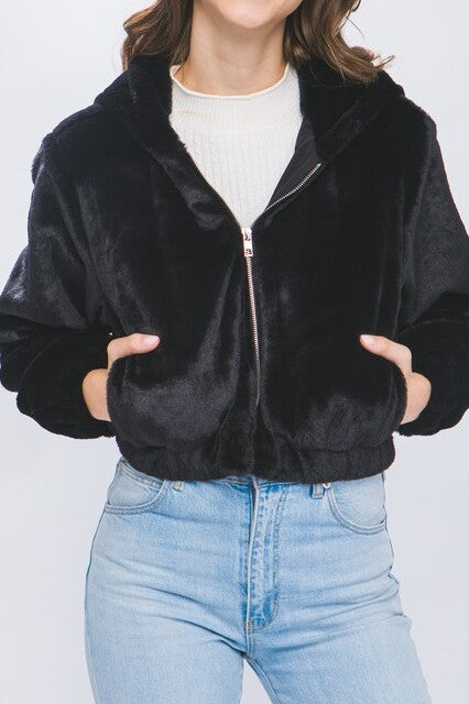 Fleece Blend Semi Cropped Zip Up Jacket with Hood - FashionJOA