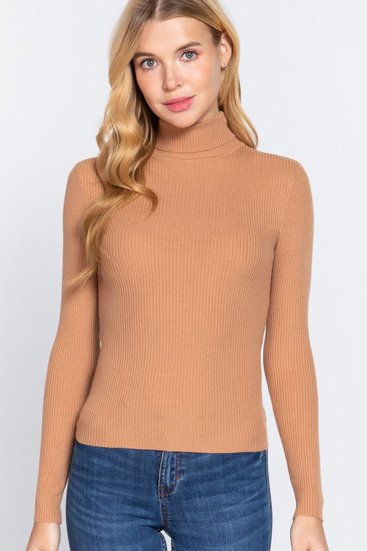 LONG SLEEVE TURTLE NECK FITTED VISCOSE RIB SWEATER TOP - FashionJOA