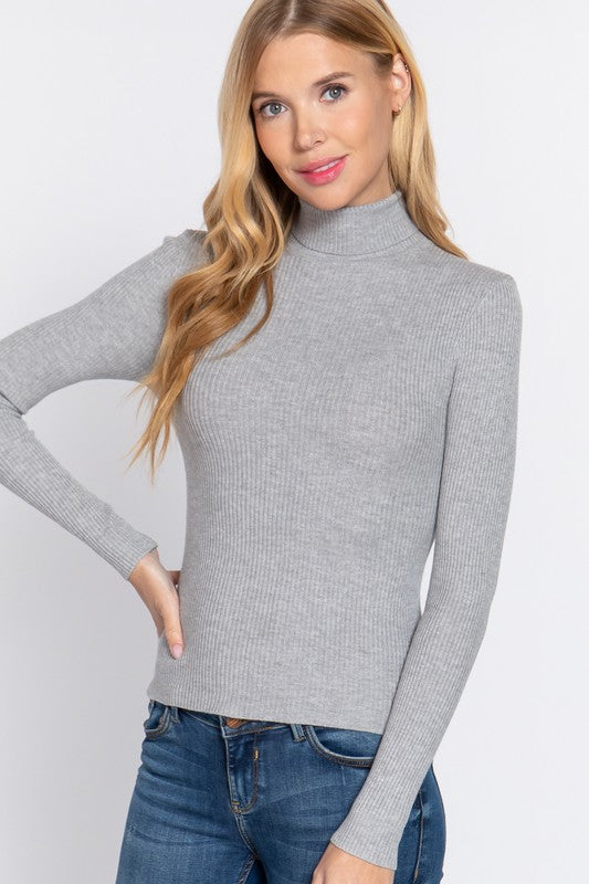 LONG SLEEVE TURTLE NECK FITTED VISCOSE RIB SWEATER TOP - FashionJOA