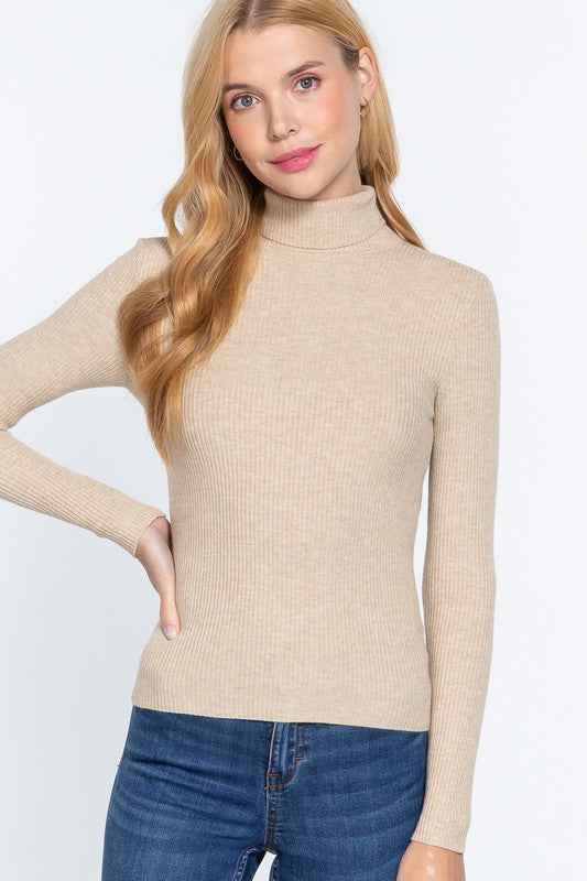 LONG SLEEVE TURTLE NECK FITTED VISCOSE RIB SWEATER TOP - FashionJOA