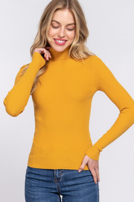 LONG SLEEVE TURTLE NECK FITTED VISCOSE RIB SWEATER TOP - FashionJOA