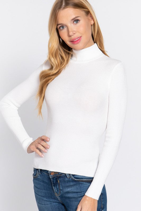 LONG SLEEVE TURTLE NECK FITTED VISCOSE RIB SWEATER TOP - FashionJOA