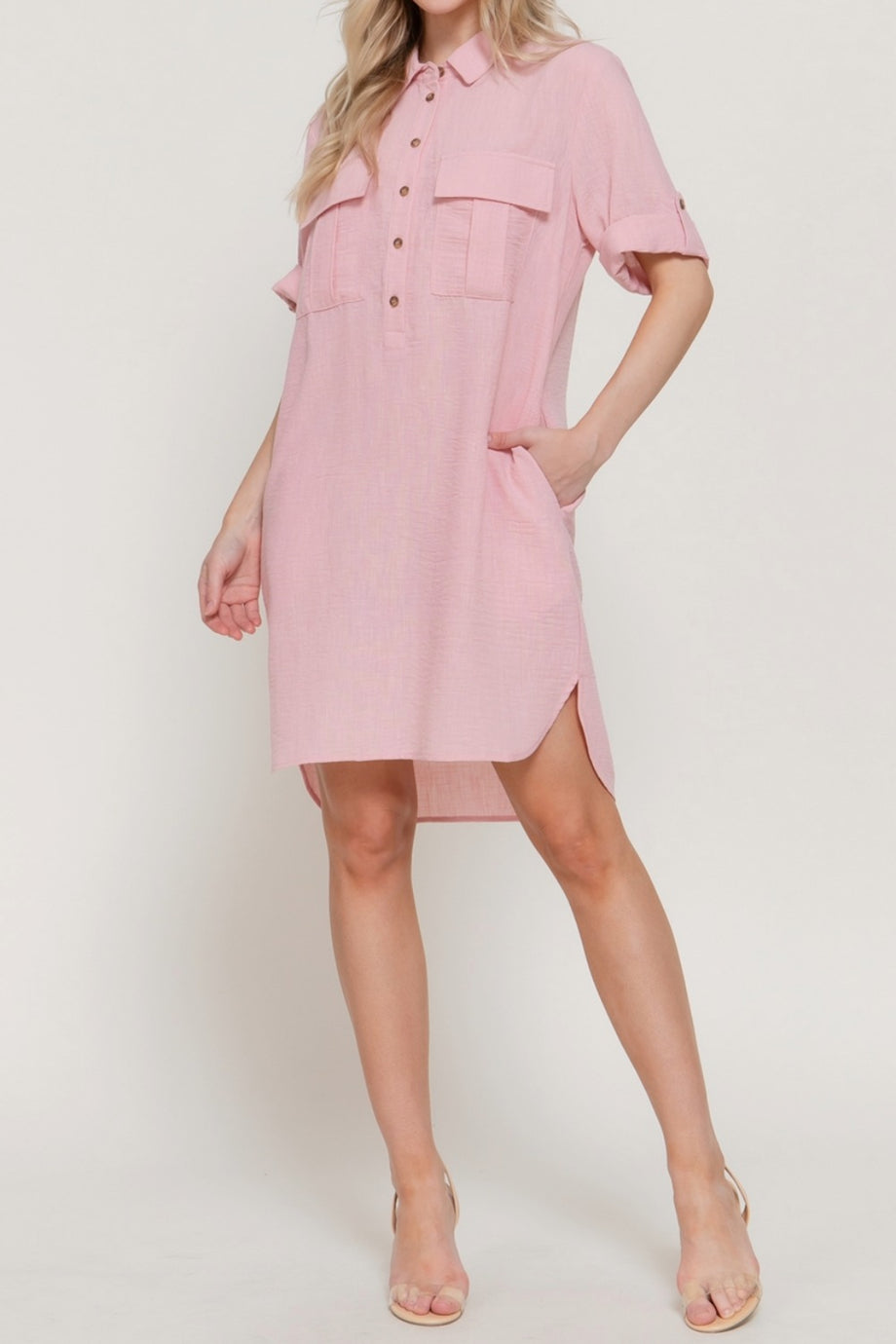 Women's Roll Up Short Sleeve Straight Linen Effect Mini Dress Casual   FashionJOA