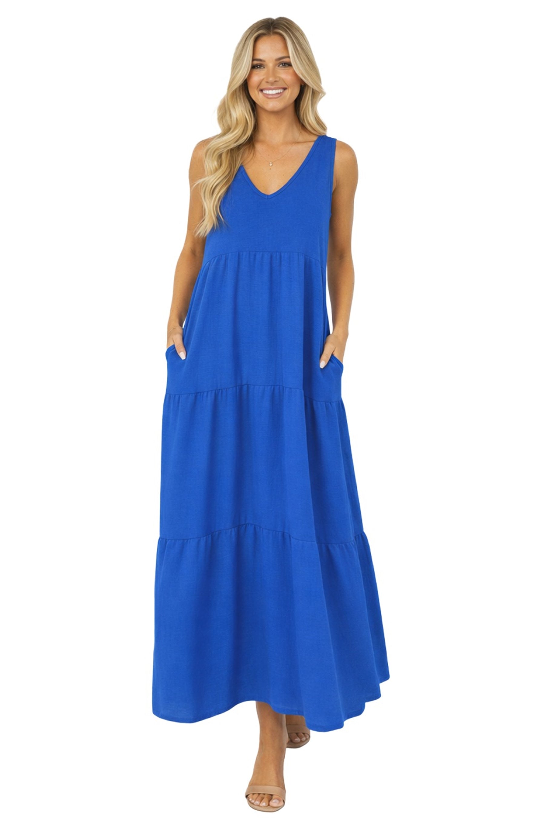 Women's Air Flow V Neck Tiered Maxi Dress with Pockets Casual Loose Fit Dress – FashionJOA