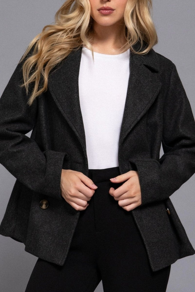 Women's Classic Soft Felt Short Peacoat Long Sleeve Solid Coat - womens - blazer