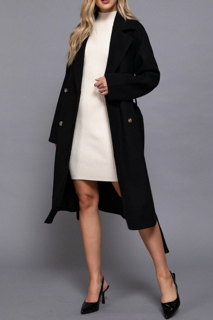 Women's Elegant Double Breasted Long Felt Trench Coat with Buttons - womens - blazer