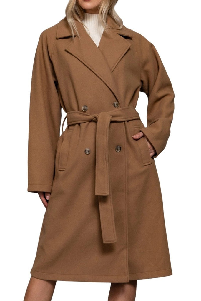 Women's Elegant Double Breasted Long Felt Trench Coat with Buttons - womens - blazer