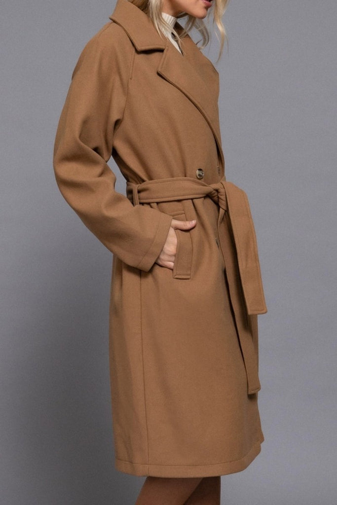 Women's Elegant Double Breasted Long Felt Trench Coat with Buttons - womens - blazer