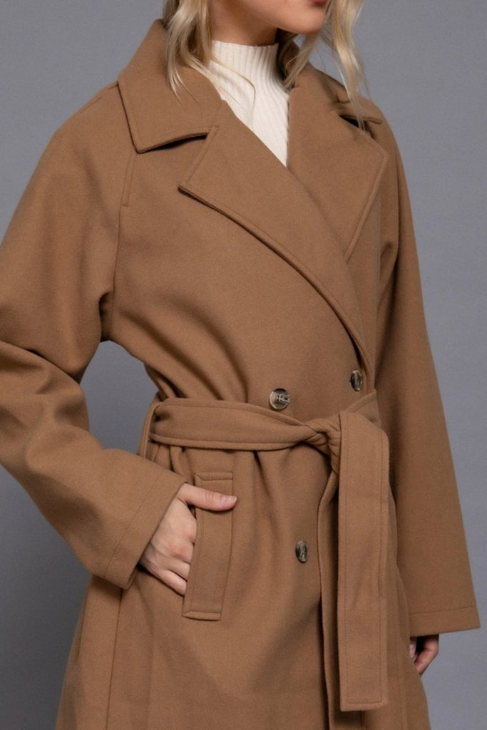 Women's Elegant Double Breasted Long Felt Trench Coat with Buttons - womens - blazer