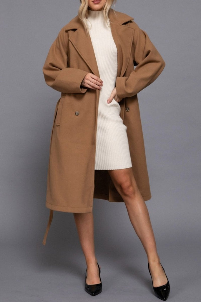 Women's Elegant Double Breasted Long Felt Trench Coat with Buttons - womens - blazer