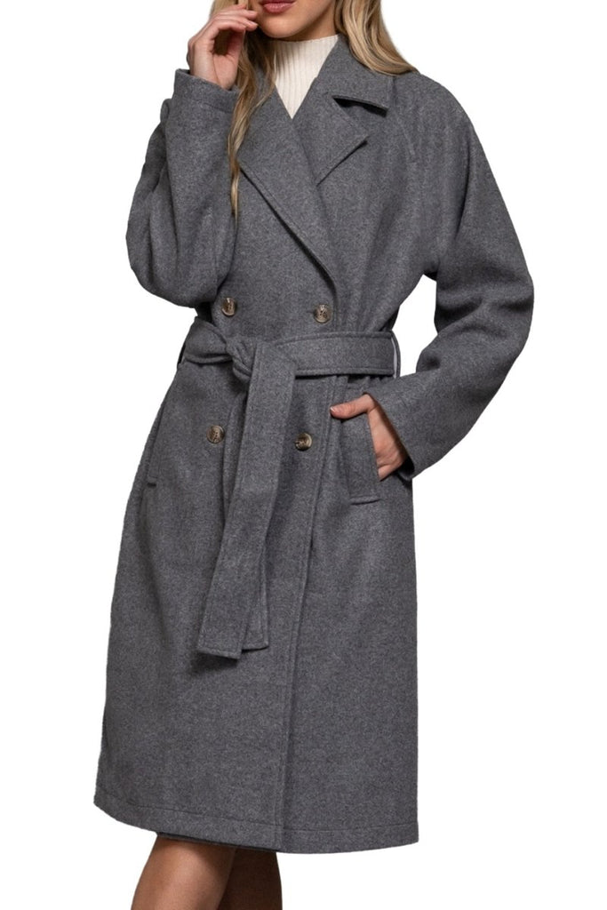 Women's Elegant Double Breasted Long Felt Trench Coat with Buttons - womens - blazer