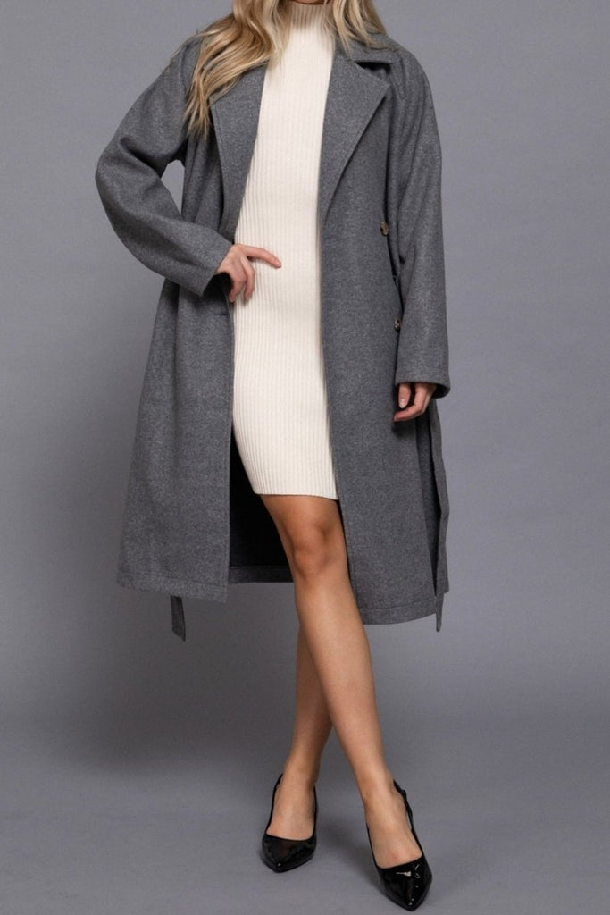 Women's Elegant Double Breasted Long Felt Trench Coat with Buttons - womens - blazer