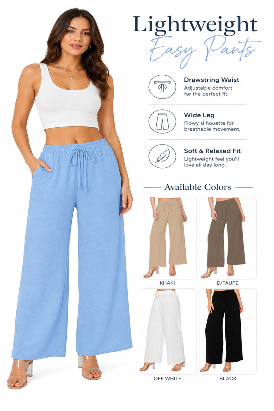 Women's Lightweight Easy Pants Casual Wide Leg Drawstring Waist
