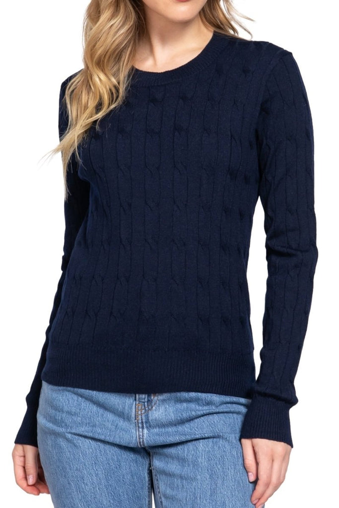 Women's Soft 4x4 Cable Knit Pullover Sweater with Round Neck - 