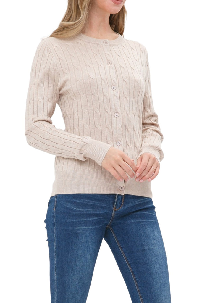 Women's Crew Neck Cable Knit Button Cardigan with Ribbed Cuffs and Shank Buttons HSW02227 -