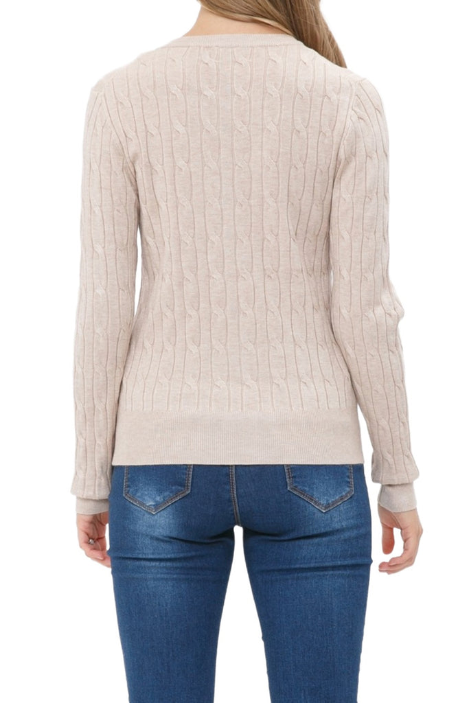 Women's Crew Neck Cable Knit Button Cardigan with Ribbed Cuffs and Shank Buttons HSW02227 -