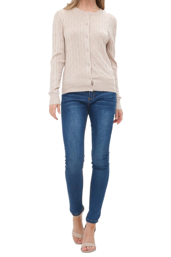 Women's Crew Neck Cable Knit Button Cardigan with Ribbed Cuffs and Shank Buttons HSW02227 -