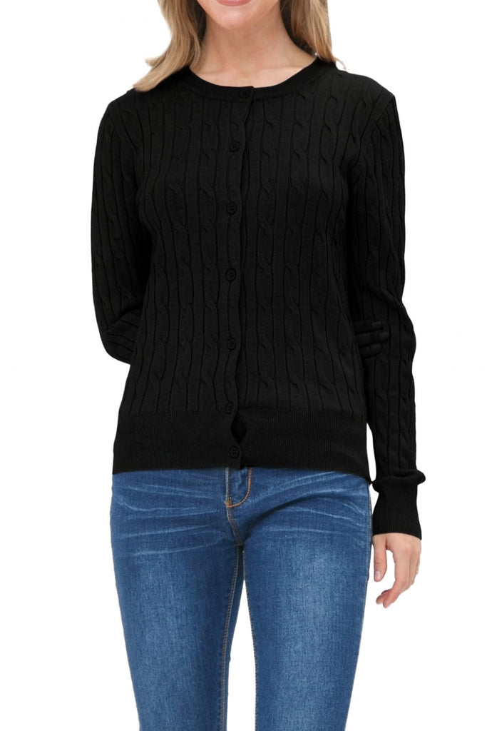 Women's Crew Neck Cable Knit Button Cardigan with Ribbed Cuffs and Shank Buttons HSW02227 -