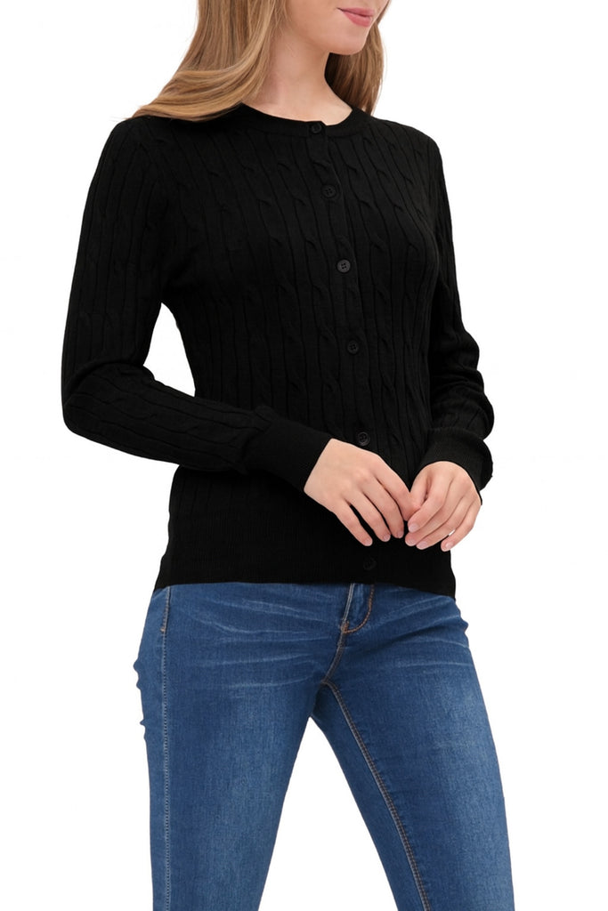 Women's Crew Neck Cable Knit Button Cardigan with Ribbed Cuffs and Shank Buttons HSW02227 -