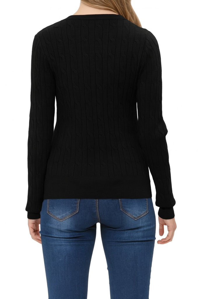 Women's Crew Neck Cable Knit Button Cardigan with Ribbed Cuffs and Shank Buttons HSW02227 -