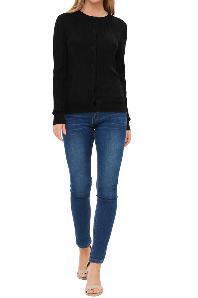Women's Crew Neck Cable Knit Button Cardigan with Ribbed Cuffs and Shank Buttons HSW02227 -