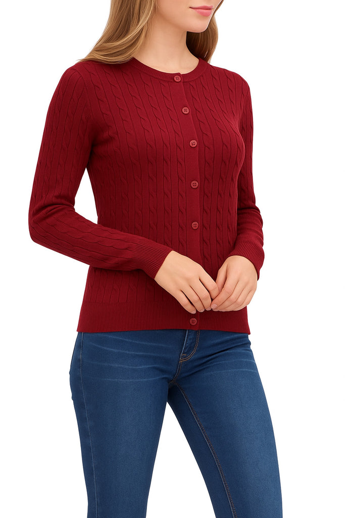 Women's Crew Neck Cable Knit Button Cardigan with Ribbed Cuffs and Shank Buttons HSW02227 -