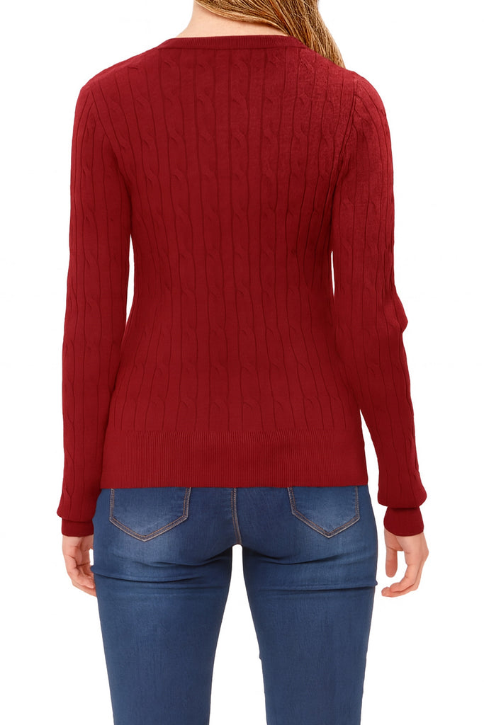 Women's Crew Neck Cable Knit Button Cardigan with Ribbed Cuffs and Shank Buttons HSW02227 -