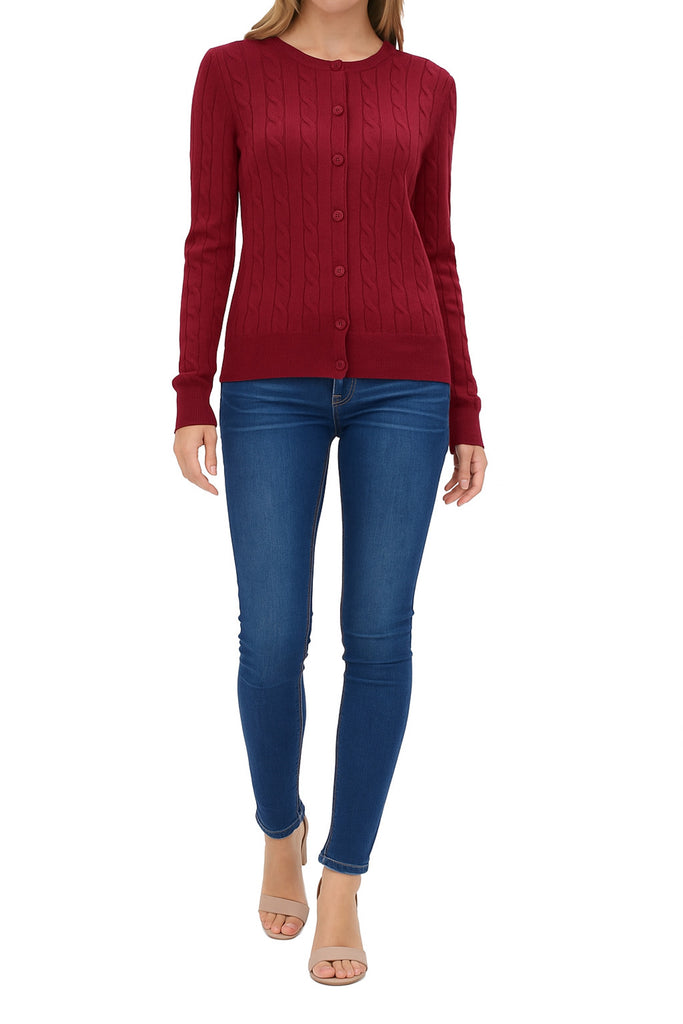 Women's Crew Neck Cable Knit Button Cardigan with Ribbed Cuffs and Shank Buttons HSW02227 -