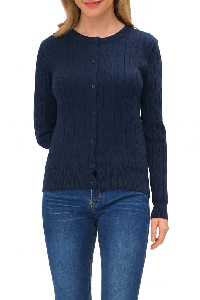 Women's Crew Neck Cable Knit Button Cardigan with Ribbed Cuffs and Shank Buttons HSW02227 -
