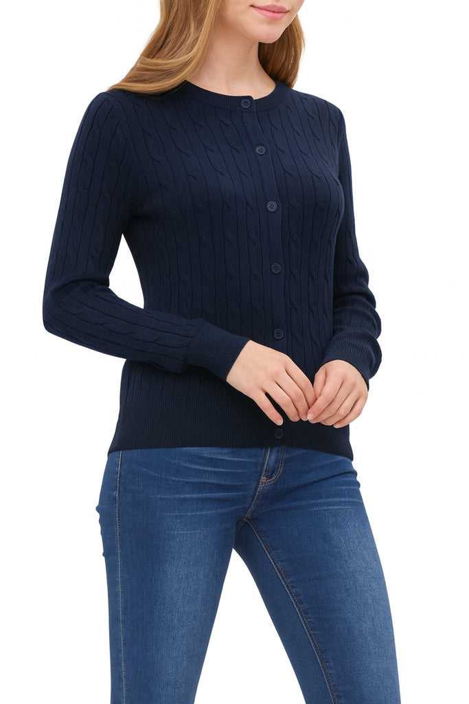 Women's Crew Neck Cable Knit Button Cardigan with Ribbed Cuffs and Shank Buttons HSW02227 -