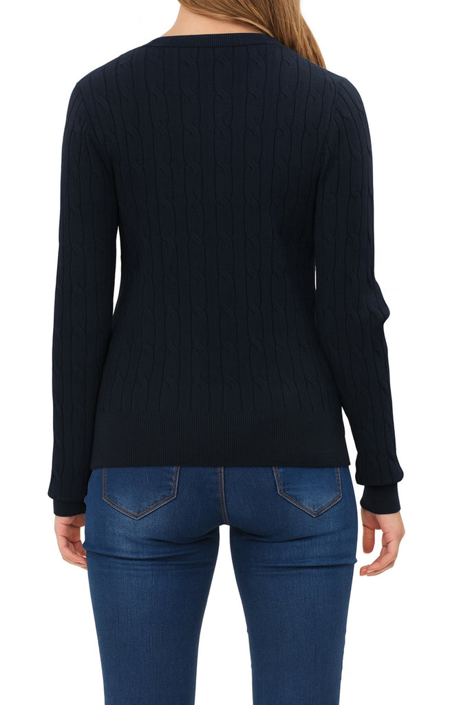 Women's Crew Neck Cable Knit Button Cardigan with Ribbed Cuffs and Shank Buttons HSW02227 -