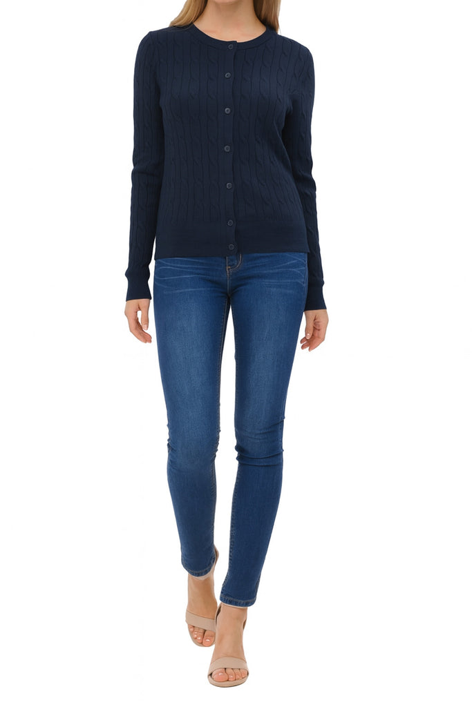 Women's Crew Neck Cable Knit Button Cardigan with Ribbed Cuffs and Shank Buttons HSW02227 -