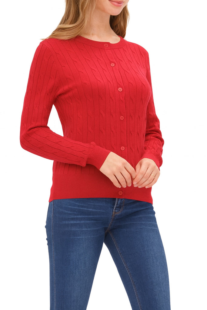 Women's Crew Neck Cable Knit Button Cardigan with Ribbed Cuffs and Shank Buttons HSW02227 -