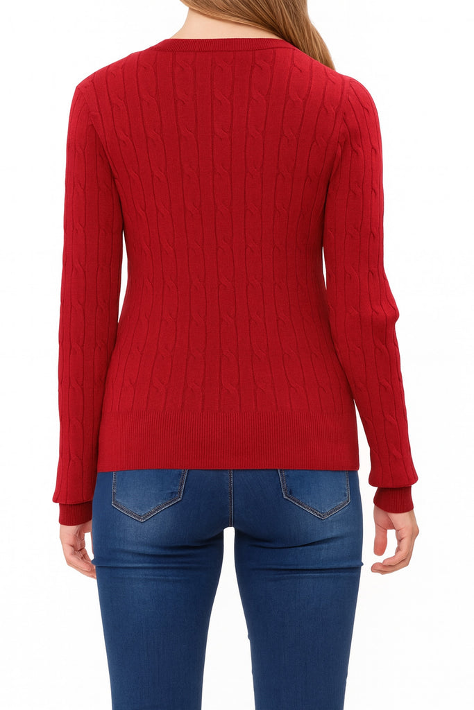 Women's Crew Neck Cable Knit Button Cardigan with Ribbed Cuffs and Shank Buttons HSW02227 -