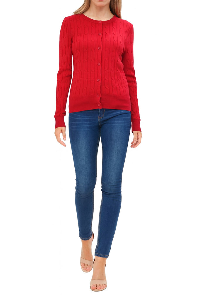 Women's Crew Neck Cable Knit Button Cardigan with Ribbed Cuffs and Shank Buttons HSW02227 -