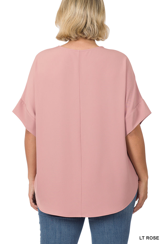 Plus Heavy woven span top with split neck, short sleeves, and curved hem. - FashionJOA