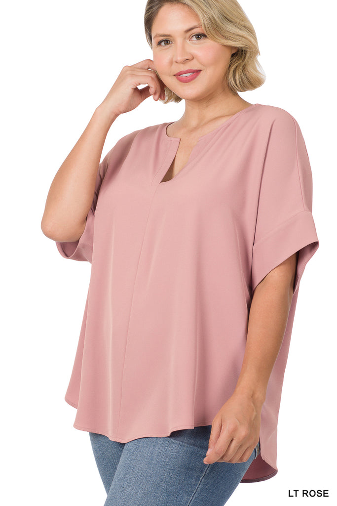 Plus Heavy woven span top with split neck, short sleeves, and curved hem. - FashionJOA