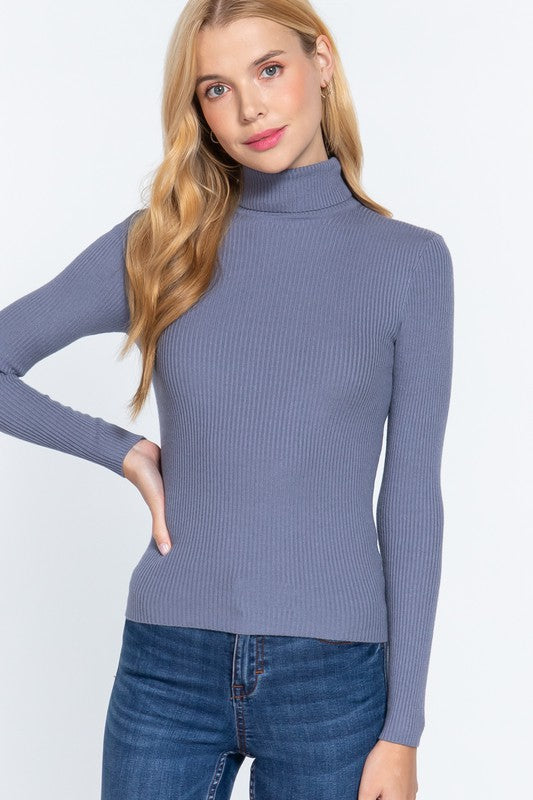 LONG SLEEVE TURTLE NECK FITTED VISCOSE RIB SWEATER TOP - FashionJOA