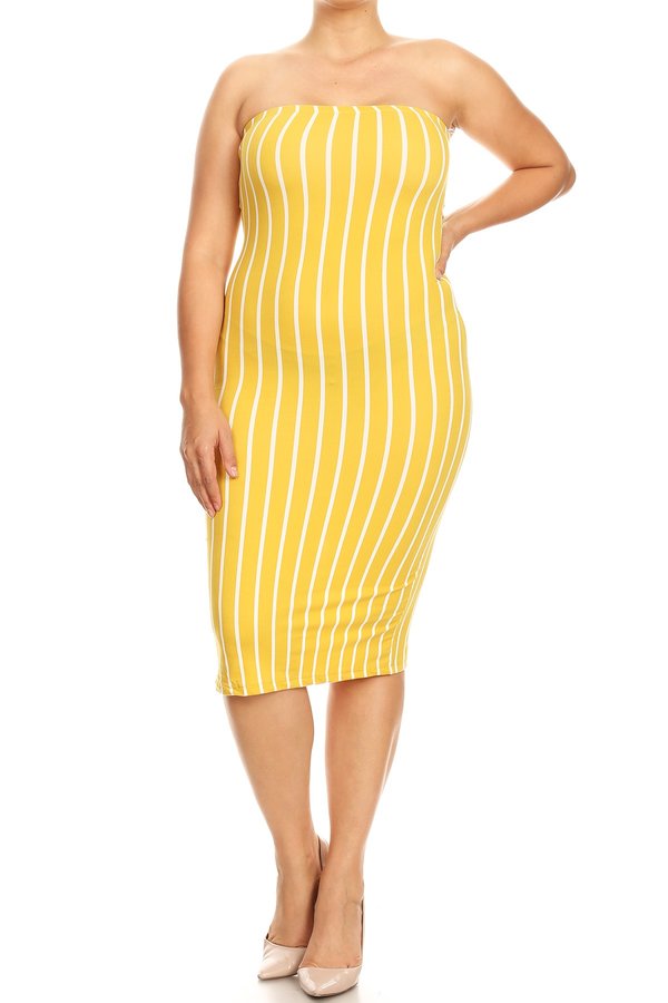 Plus Size Bodycon striped tube dress with a back slit. - FashionJOA
