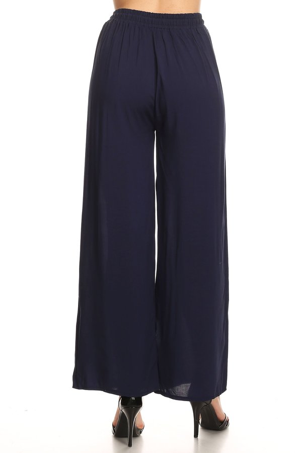 Solid high waisted pants in a relaxed fit, with a drawstring elastic waistband, wide legs, and pleats. - FashionJOA