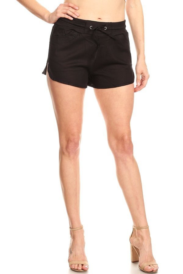 Solid, linen shorts with an elastic waistband, side pockets, and waist tie. - FashionJOA