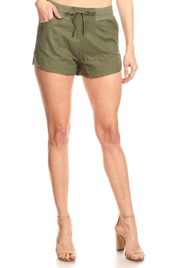 Solid, linen shorts with an elastic waistband, side pockets, and waist tie. - FashionJOA