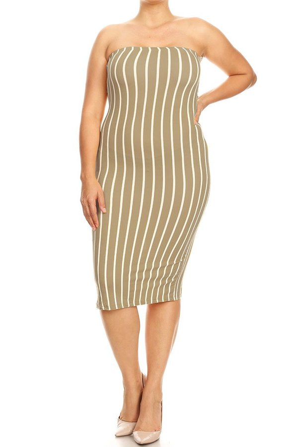 Plus Size Bodycon striped tube dress with a back slit. - FashionJOA