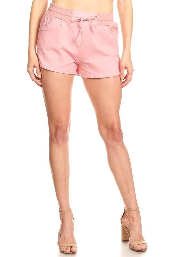 Solid, linen shorts with an elastic waistband, side pockets, and waist tie. - FashionJOA