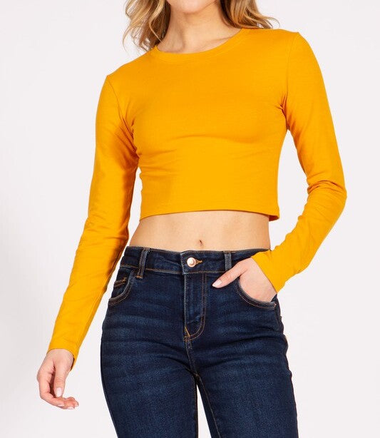 Round Neck Long Sleeve Crop T-Shirt - FashionJOA