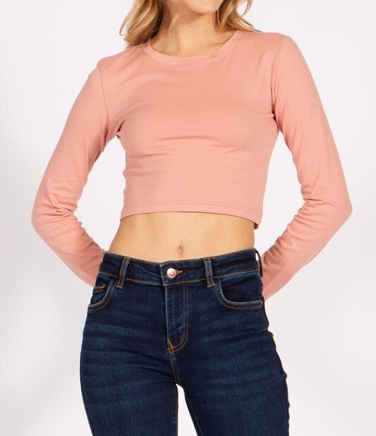 Round Neck Long Sleeve Crop T-Shirt - FashionJOA