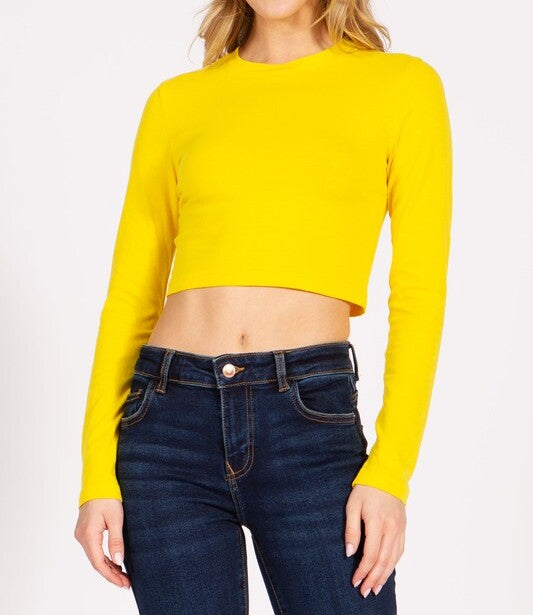 Round Neck Long Sleeve Crop T-Shirt - FashionJOA